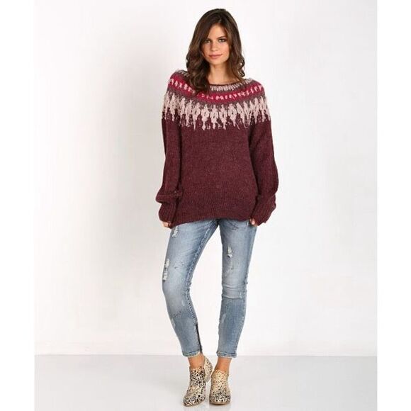 Free People Baltic Fairisle Sweater Berry Comno Wool Alpaca Blend Size XS NWOT - Picture 3 of 14